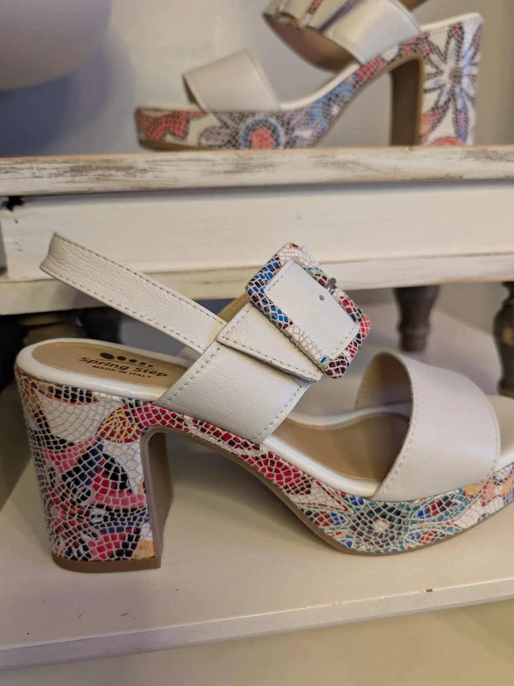 Spring Step, Azucar White Multi Platform Leather Slingbacks, 8.5 - NWOT!